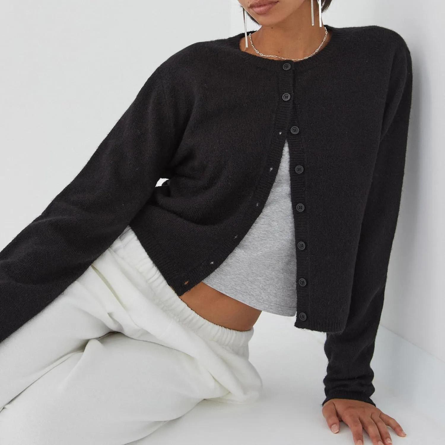 Women Y2k Crop Cardigan Long Sleeve Button Down Sweater Lightweight Solid Color Open Front Cute Knitted Tops