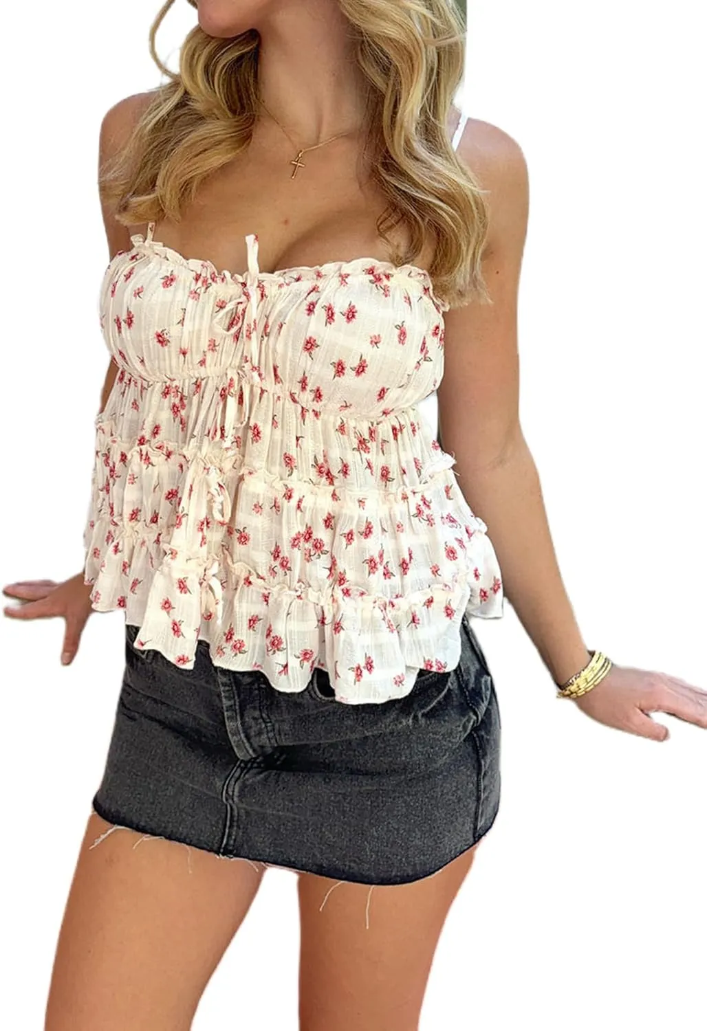 Women Y2k Floral Babydoll Tank Top Spaghetti Strap Ruffle Cami Top Summer Boho Flowy Peplum Crop Top Streetwear