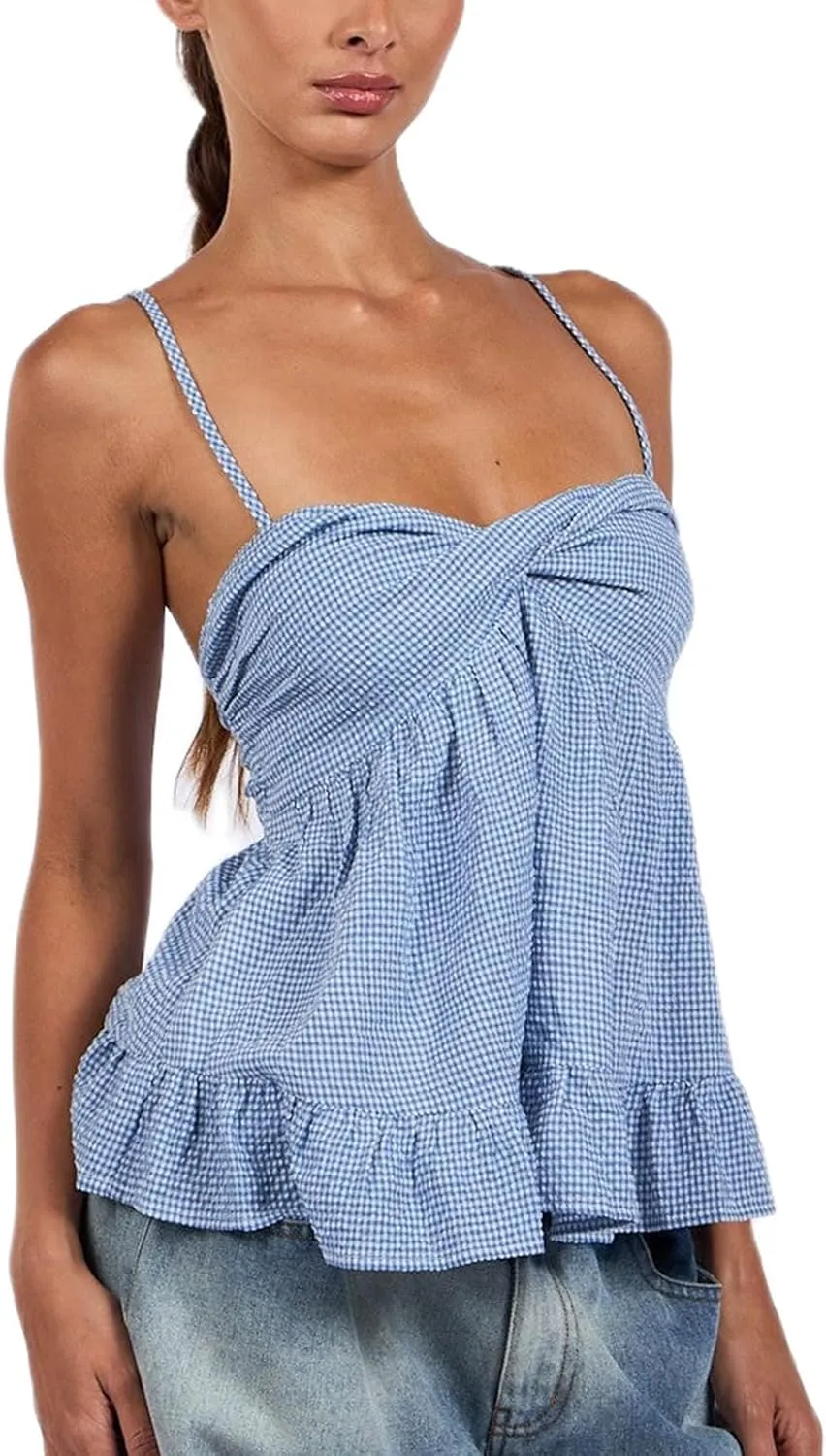 Women Y2k Floral Babydoll Tank Top Spaghetti Strap Ruffle Cami Top Summer Boho Flowy Peplum Crop Top Streetwear