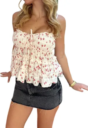 Women Y2k Floral Babydoll Tank Top Spaghetti Strap Ruffle Cami Top Summer Boho Flowy Peplum Crop Top Streetwear