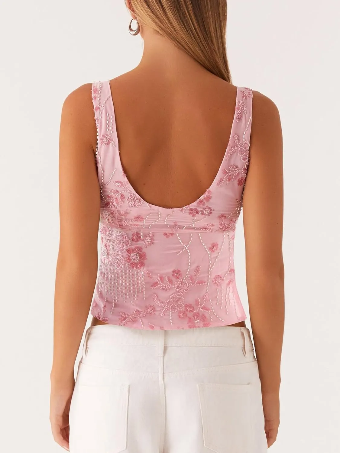 Women Y2k Sequin Tank Top Sparkly Low Cut Cami Top Pearl Sleeveless Crop Top Rhinestone Floral Camisole