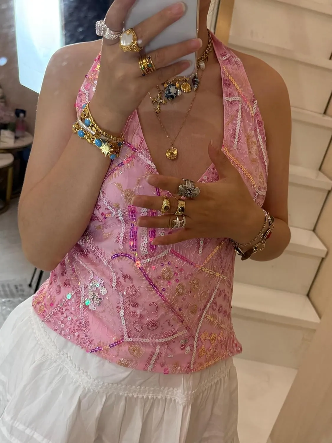 Women Y2k Sequin Tank Top Sparkly Low Cut Cami Top Pearl Sleeveless Crop Top Rhinestone Floral Camisole