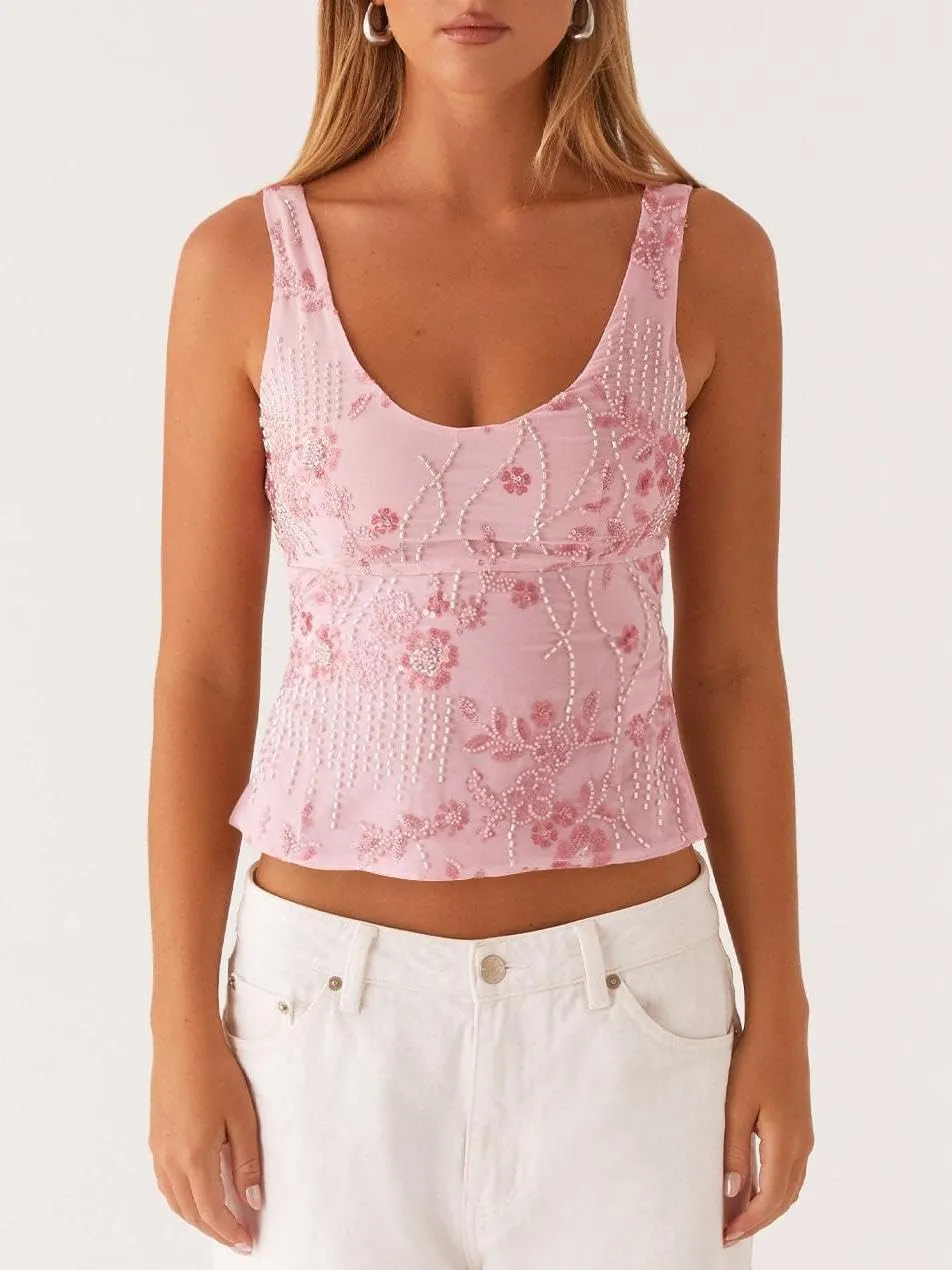 Women Y2k Sequin Tank Top Sparkly Low Cut Cami Top Pearl Sleeveless Crop Top Rhinestone Floral Camisole