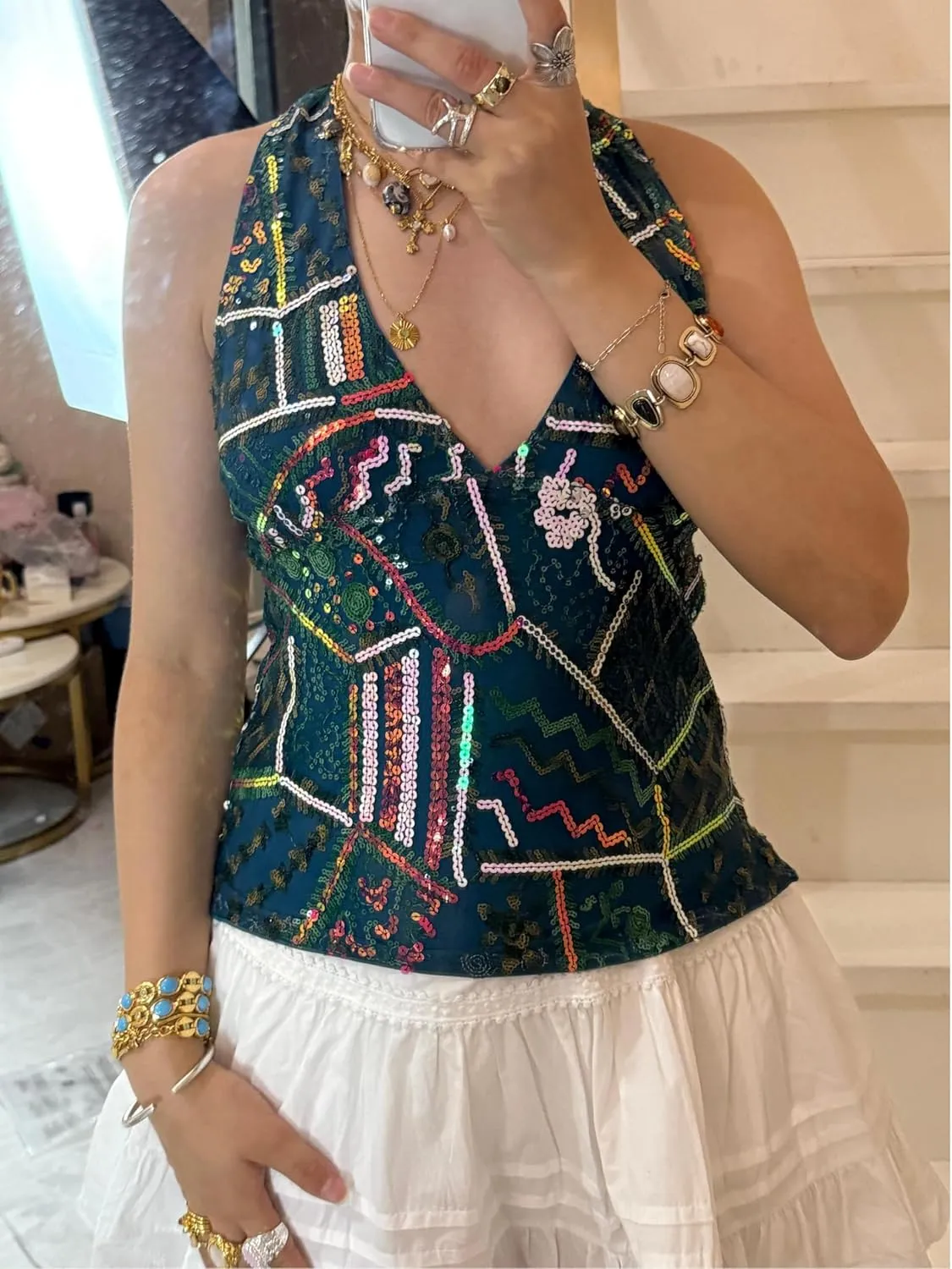 Women Y2k Sequin Tank Top Sparkly Low Cut Cami Top Pearl Sleeveless Crop Top Rhinestone Floral Camisole
