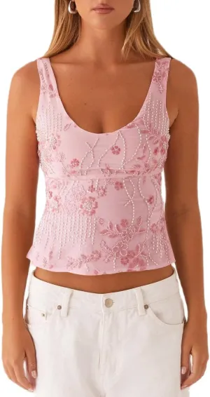 Women Y2k Sequin Tank Top Sparkly Low Cut Cami Top Pearl Sleeveless Crop Top Rhinestone Floral Camisole