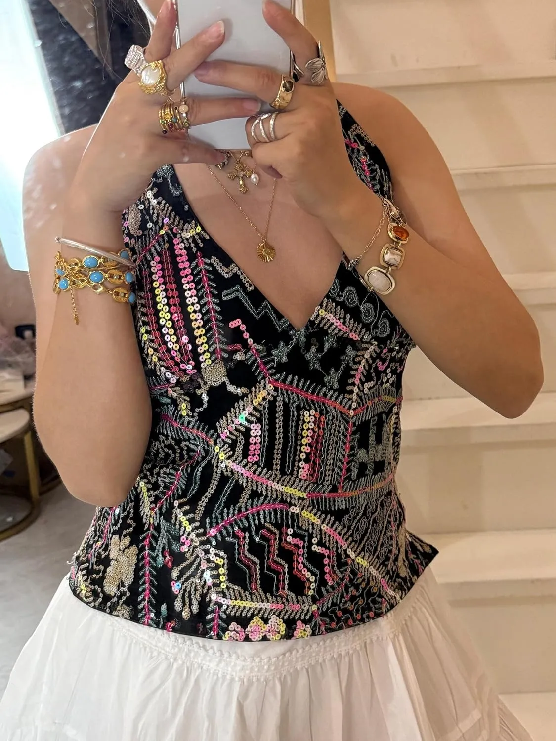 Women Y2k Sequin Tank Top Sparkly Low Cut Cami Top Pearl Sleeveless Crop Top Rhinestone Floral Camisole