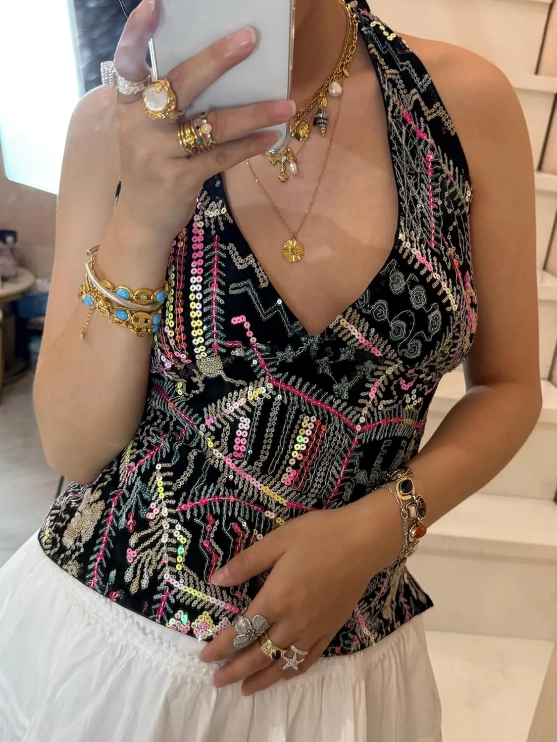 Women Y2k Sequin Tank Top Sparkly Low Cut Cami Top Pearl Sleeveless Crop Top Rhinestone Floral Camisole