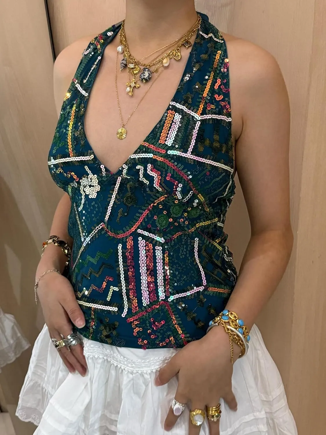 Women Y2k Sequin Tank Top Sparkly Low Cut Cami Top Pearl Sleeveless Crop Top Rhinestone Floral Camisole