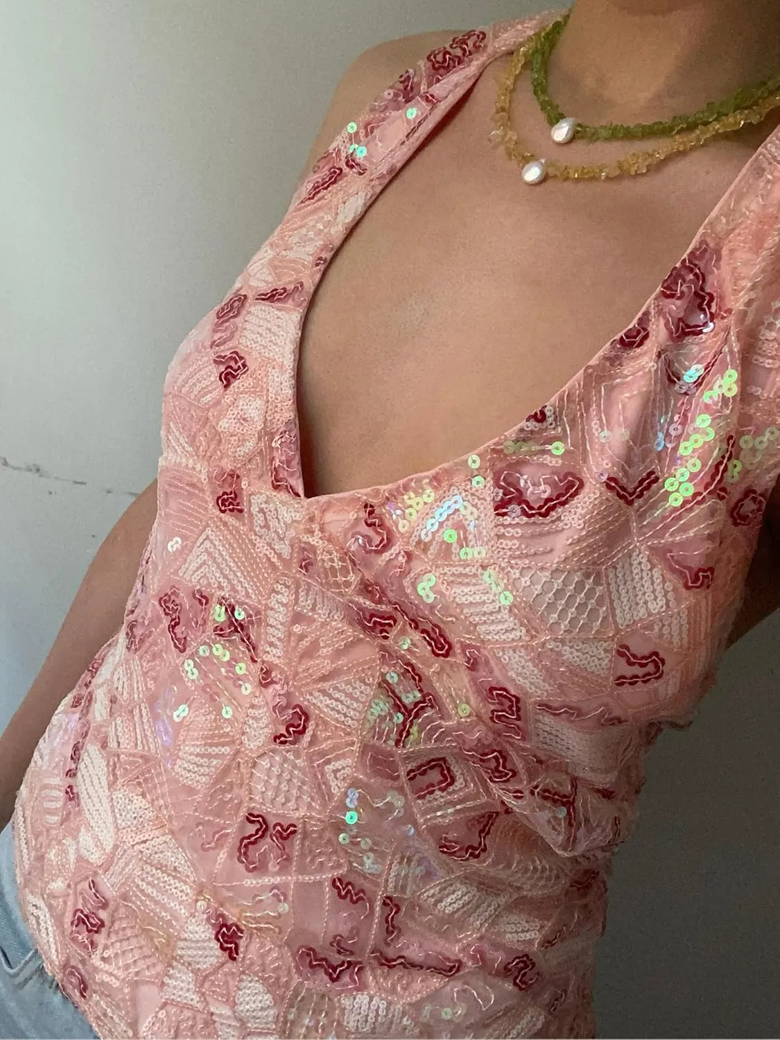 Women Y2k Sequin Tank Top Sparkly Low Cut Cami Top Pearl Sleeveless Crop Top Rhinestone Floral Camisole