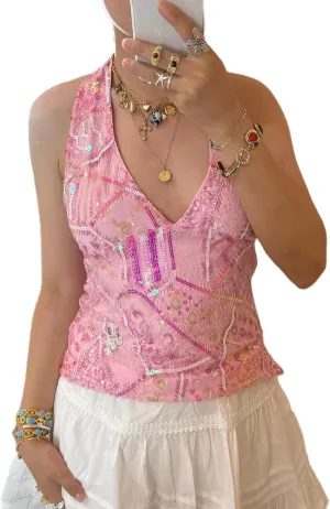 Women Y2k Sequin Tank Top Sparkly Low Cut Cami Top Pearl Sleeveless Crop Top Rhinestone Floral Camisole