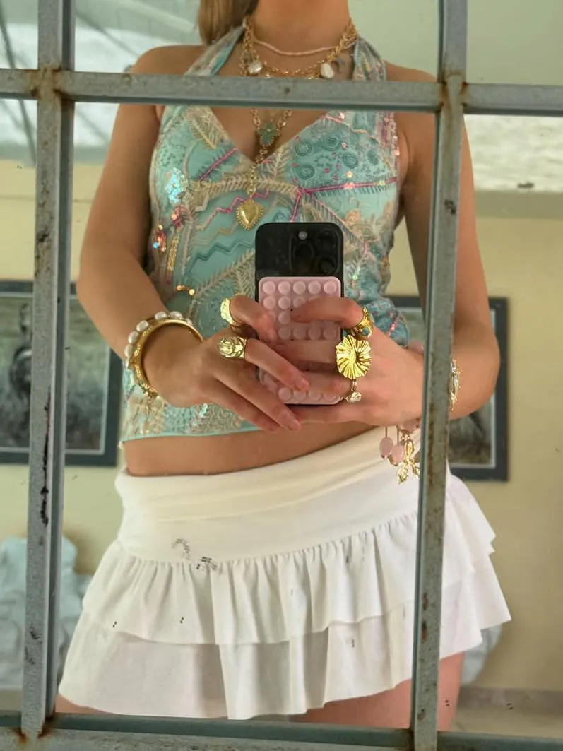 Women Y2k Sequin Tank Top Sparkly Low Cut Cami Top Pearl Sleeveless Crop Top Rhinestone Floral Camisole