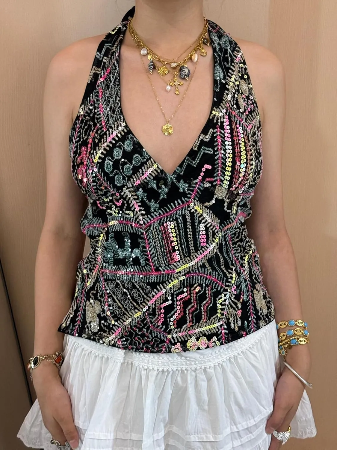 Women Y2k Sequin Tank Top Sparkly Low Cut Cami Top Pearl Sleeveless Crop Top Rhinestone Floral Camisole