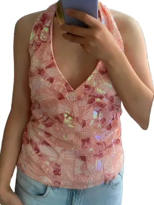Women Y2k Sequin Tank Top Sparkly Low Cut Cami Top Pearl Sleeveless Crop Top Rhinestone Floral Camisole