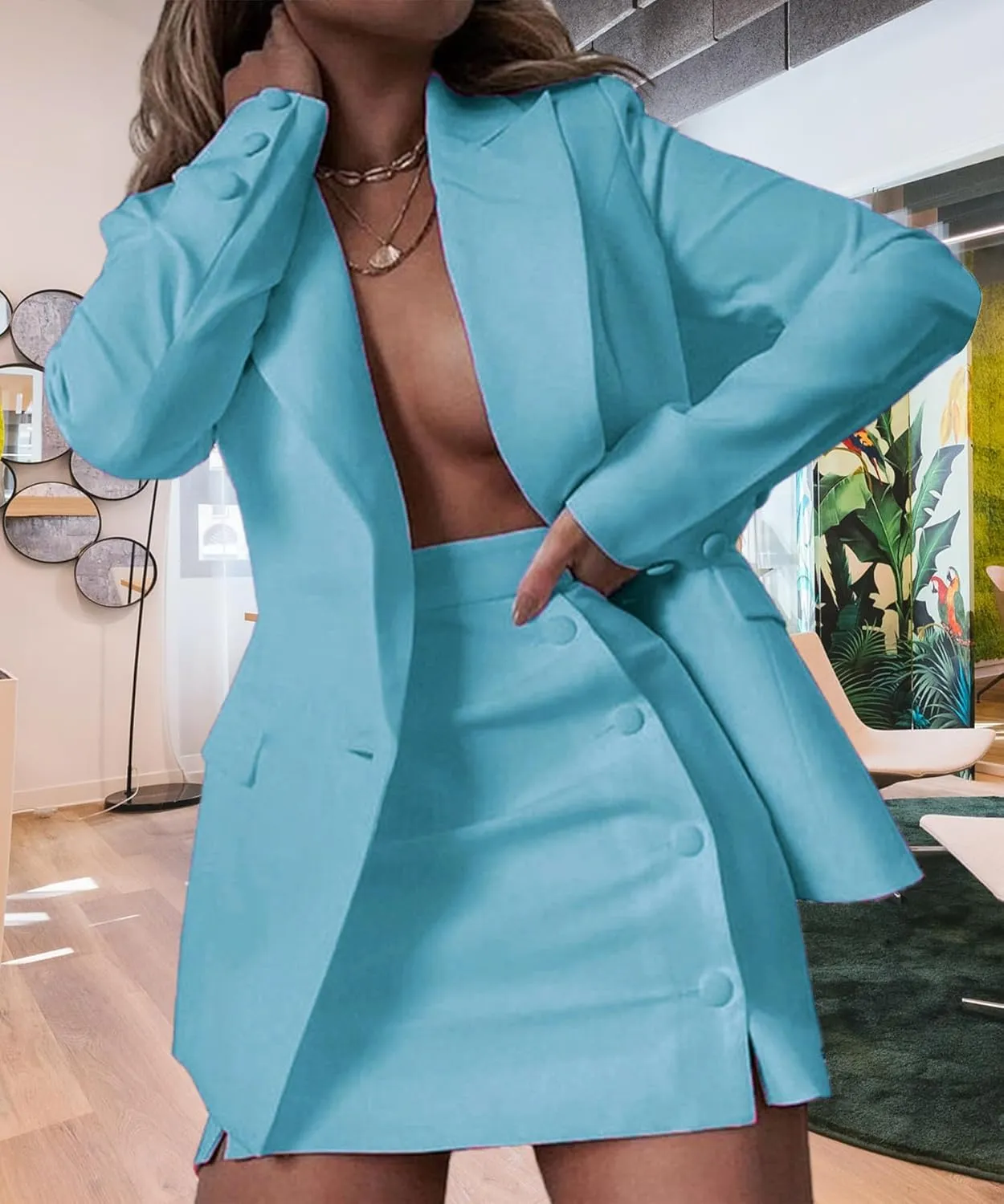Women's 2 Piece Blazer and Skirt Suits, Open Front Blazer Jackets   Side Slit Mini Skirts