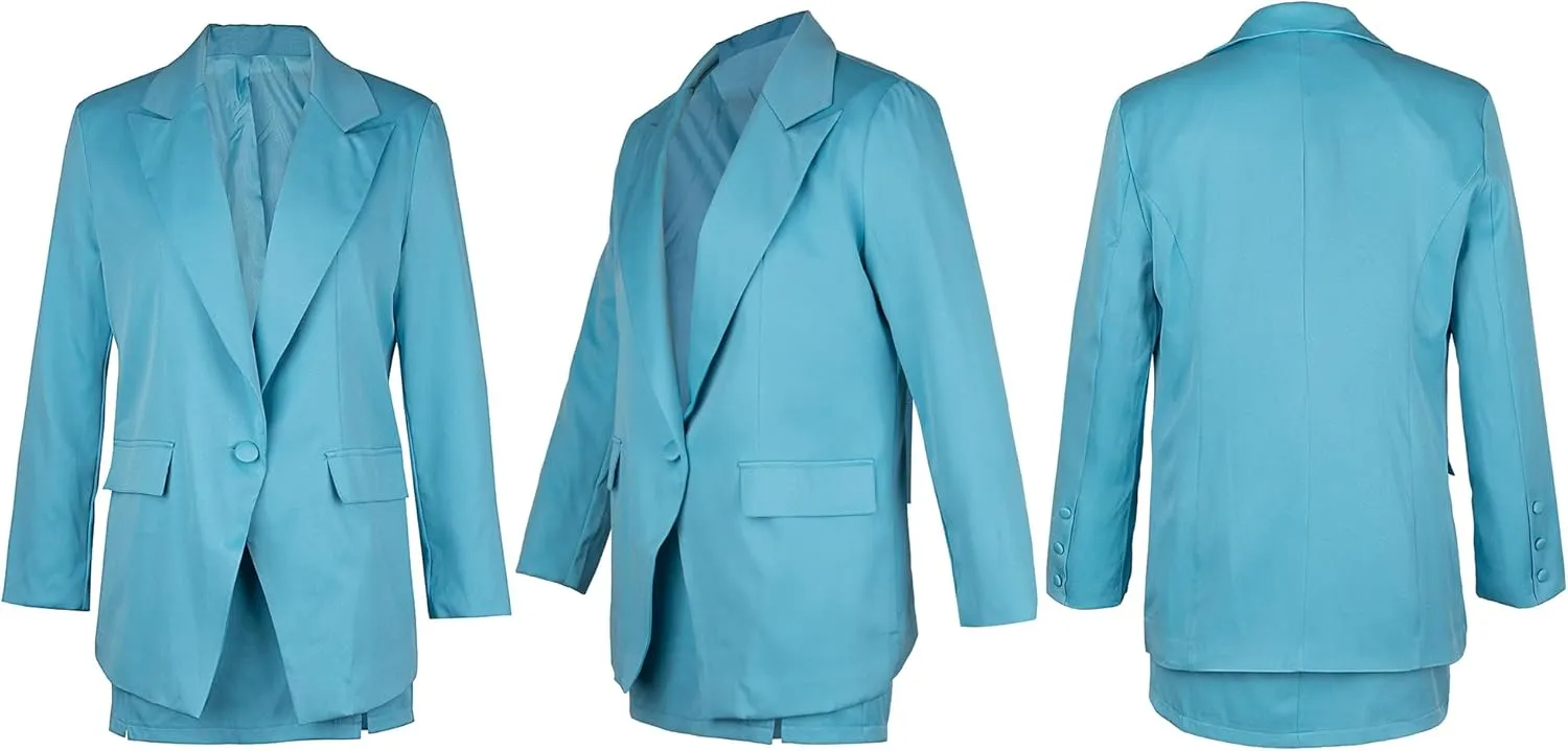 Women's 2 Piece Blazer and Skirt Suits, Open Front Blazer Jackets   Side Slit Mini Skirts