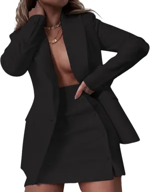 Women's 2 Piece Blazer and Skirt Suits, Open Front Blazer Jackets   Side Slit Mini Skirts