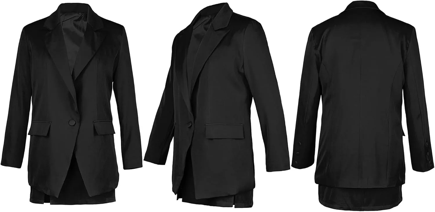 Women's 2 Piece Blazer and Skirt Suits, Open Front Blazer Jackets   Side Slit Mini Skirts