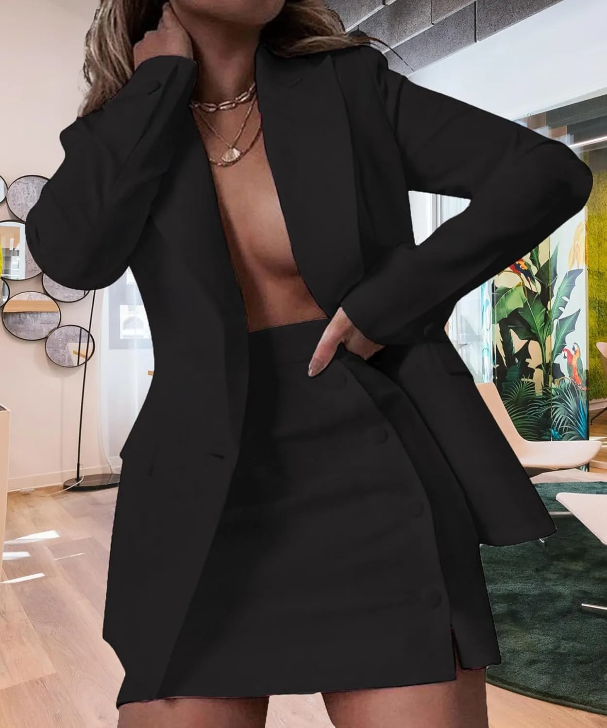 Women's 2 Piece Blazer and Skirt Suits, Open Front Blazer Jackets   Side Slit Mini Skirts