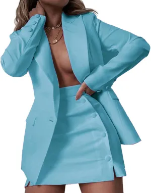 Women's 2 Piece Blazer and Skirt Suits, Open Front Blazer Jackets   Side Slit Mini Skirts