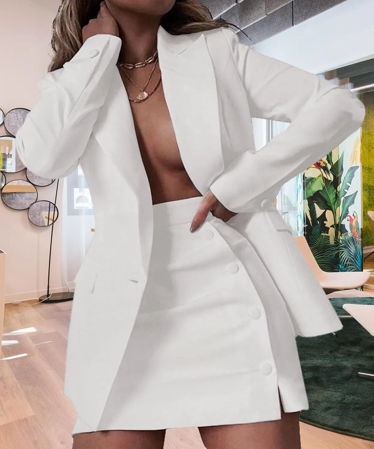 Women's 2 Piece Blazer and Skirt Suits, Open Front Blazer Jackets   Side Slit Mini Skirts