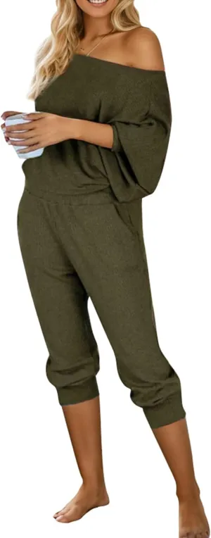 Women's 2 Piece Outfits Off Shoulder Tracksuits Ribbed Long Sleeve Pullover Jogger Pants With Pockets Army Green Medium