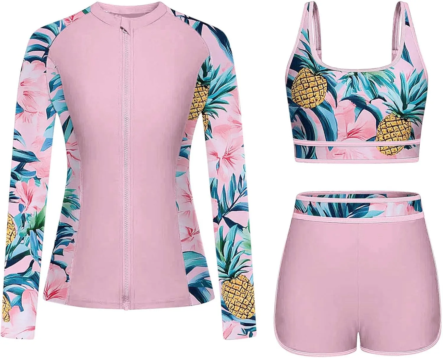 Women's 3 Piece Rash Guard Long Sleeve Swimsuits Built-in Bra Zip Up Swim Shirts with Boyshorts Floral Tankini Set