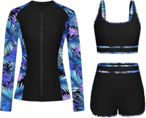 Women's 3 Piece Rash Guard Long Sleeve Swimsuits Built-in Bra Zip Up Swim Shirts with Boyshorts Floral Tankini Set