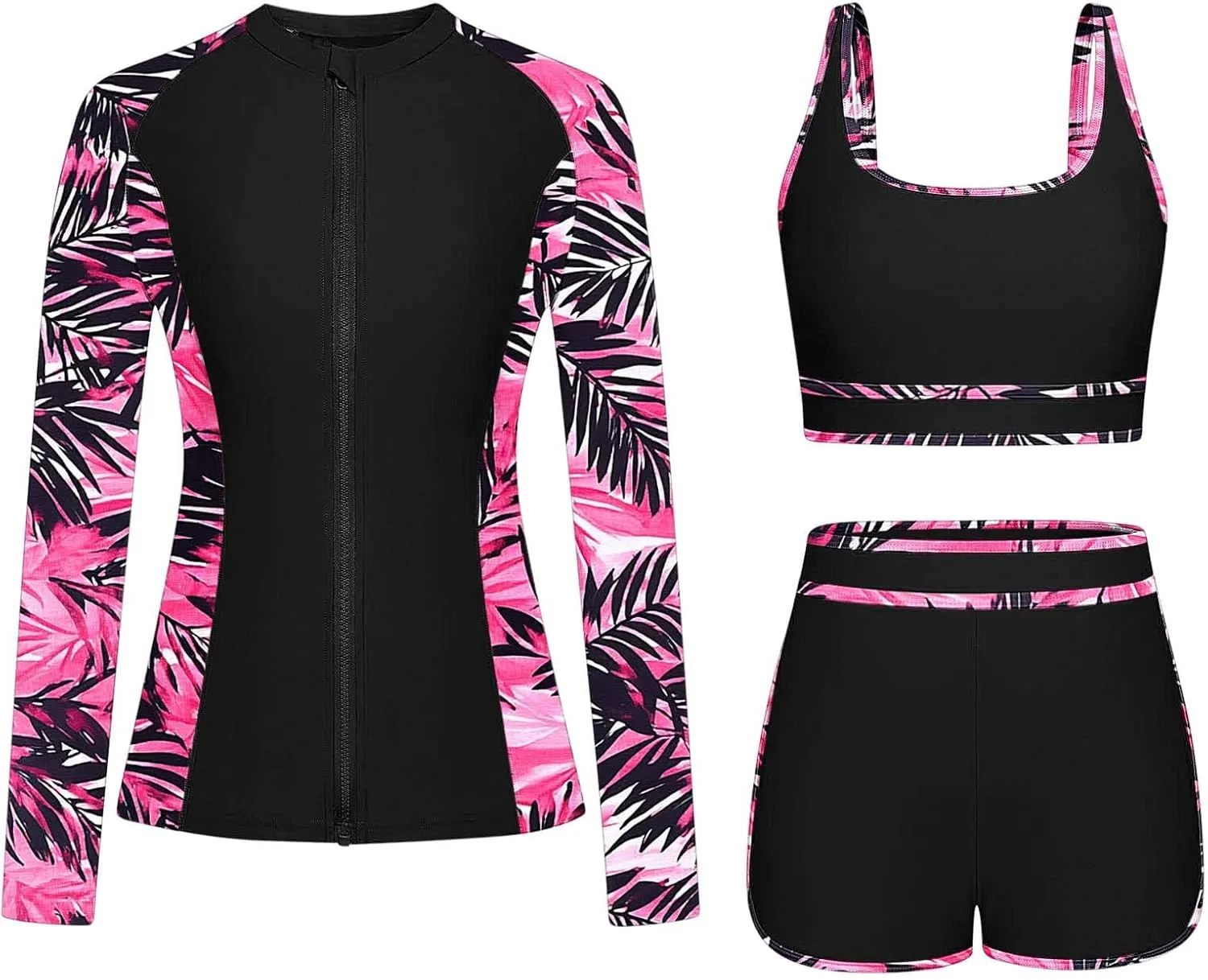 Women's 3 Piece Rash Guard Long Sleeve Swimsuits Built-in Bra Zip Up Swim Shirts with Boyshorts Floral Tankini Set