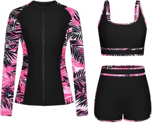Women's 3 Piece Rash Guard Long Sleeve Swimsuits Built-in Bra Zip Up Swim Shirts with Boyshorts Floral Tankini Set