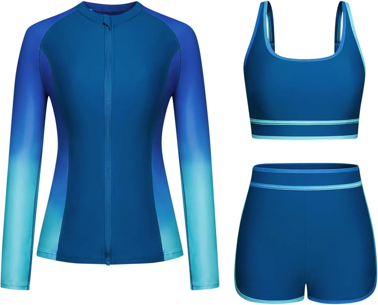 Women's 3 Piece Rash Guard Long Sleeve Swimsuits Built-in Bra Zip Up Swim Shirts with Boyshorts Floral Tankini Set