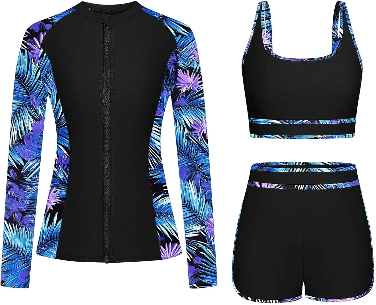 Women's 3 Piece Rash Guard Long Sleeve Swimsuits Built-in Bra Zip Up Swim Shirts with Boyshorts Floral Tankini Set