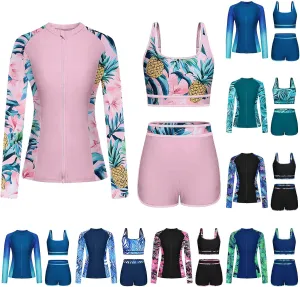 Women's 3 Piece Rash Guard Long Sleeve Swimsuits Built-in Bra Zip Up Swim Shirts with Boyshorts Floral Tankini Set