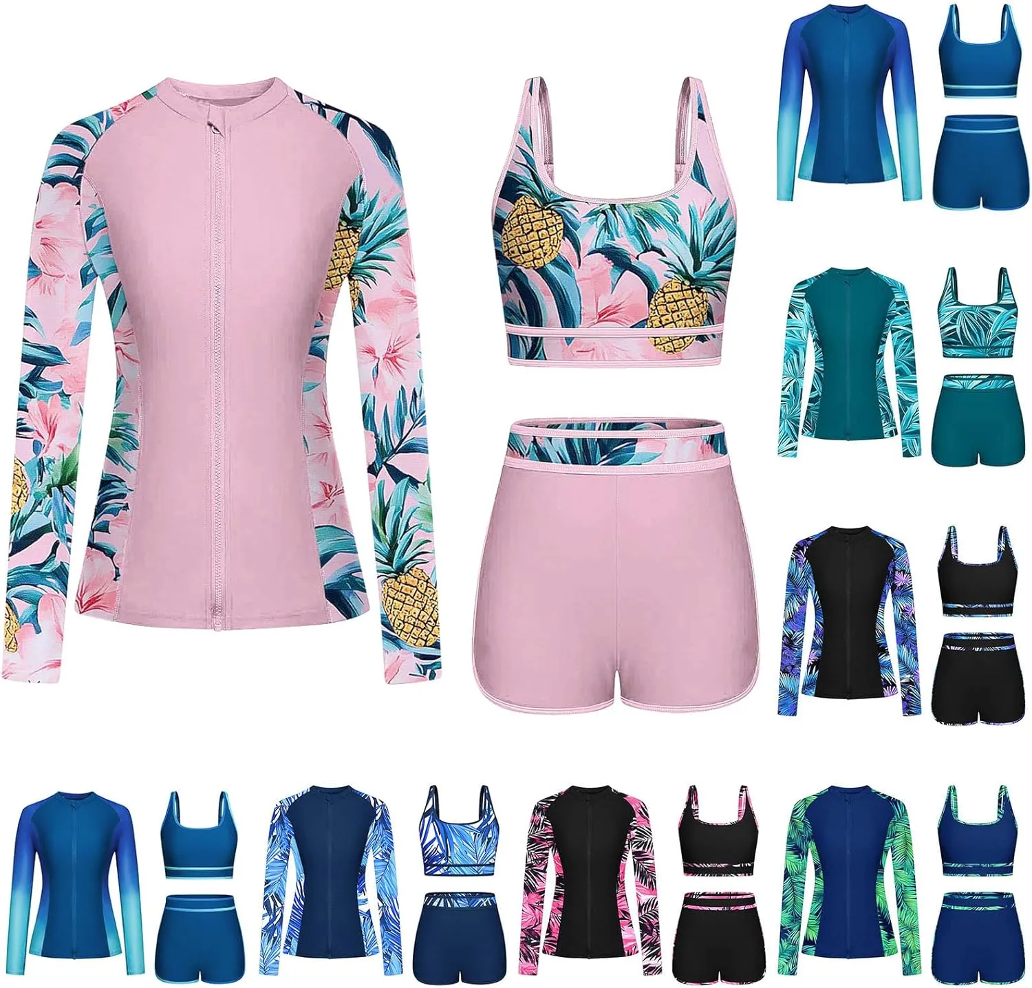 Women's 3 Piece Rash Guard Long Sleeve Swimsuits Built-in Bra Zip Up Swim Shirts with Boyshorts Floral Tankini Set