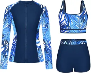 Women's 3 Piece Rash Guard Long Sleeve Swimsuits Built-in Bra Zip Up Swim Shirts with Boyshorts Floral Tankini Set