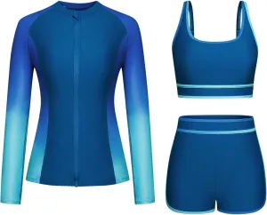 Women's 3 Piece Rash Guard Long Sleeve Swimsuits Built-in Bra Zip Up Swim Shirts with Boyshorts Floral Tankini Set