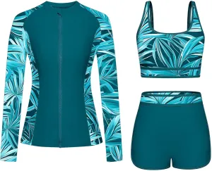 Women's 3 Piece Rash Guard Long Sleeve Swimsuits Built-in Bra Zip Up Swim Shirts with Boyshorts Floral Tankini Set