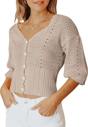 Womens 3/4 Sleeve Cropped Sweaters Button Knit Bolero Cardigan Lightweight Crochet Crop Short Sweater Shrug Cover Up