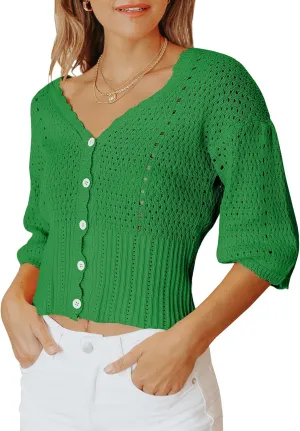 Womens 3/4 Sleeve Cropped Sweaters Button Knit Bolero Cardigan Lightweight Crochet Crop Short Sweater Shrug Cover Up