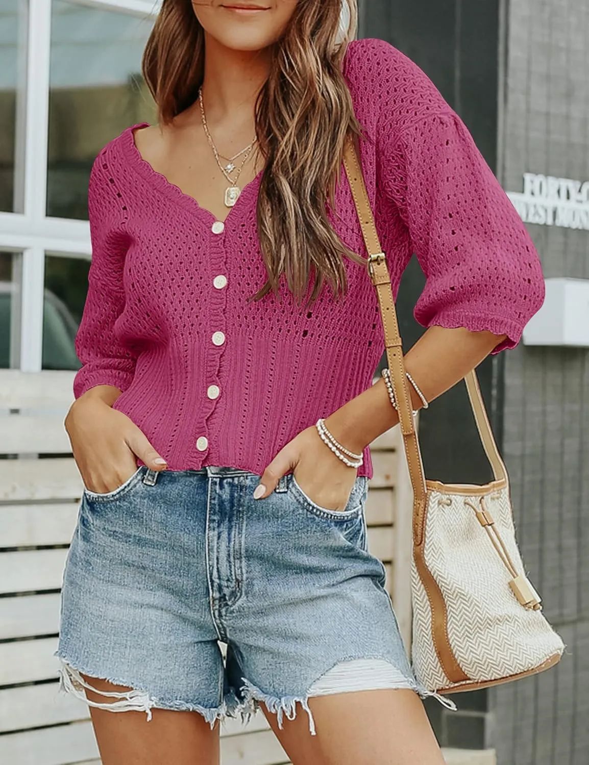 Womens 3/4 Sleeve Cropped Sweaters Button Knit Bolero Cardigan Lightweight Crochet Crop Short Sweater Shrug Cover Up