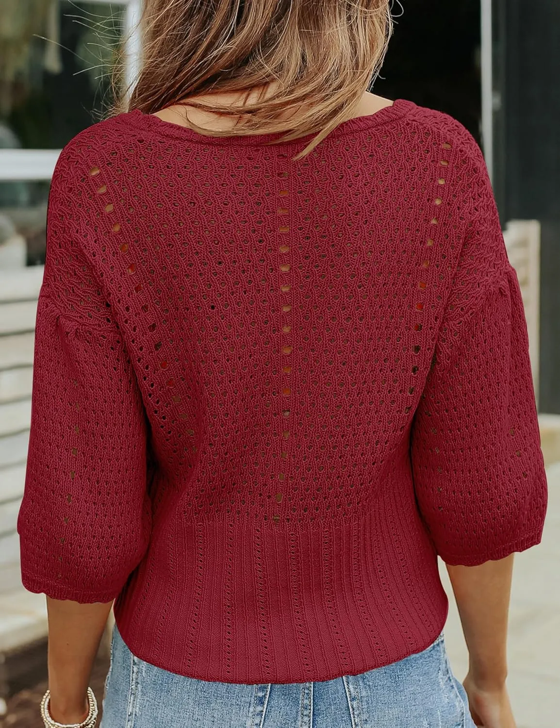 Womens 3/4 Sleeve Cropped Sweaters Button Knit Bolero Cardigan Lightweight Crochet Crop Short Sweater Shrug Cover Up