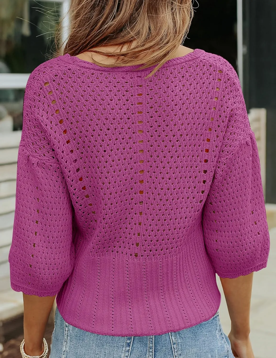 Womens 3/4 Sleeve Cropped Sweaters Button Knit Bolero Cardigan Lightweight Crochet Crop Short Sweater Shrug Cover Up