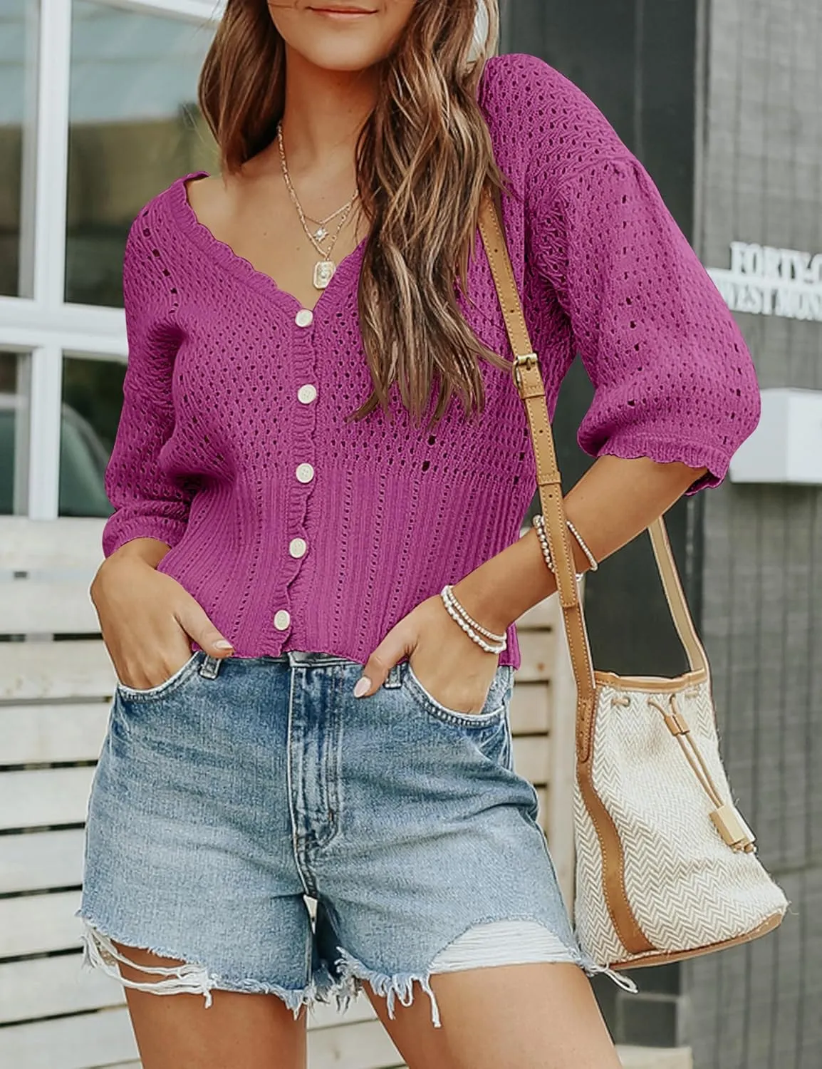 Womens 3/4 Sleeve Cropped Sweaters Button Knit Bolero Cardigan Lightweight Crochet Crop Short Sweater Shrug Cover Up