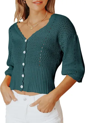 Womens 3/4 Sleeve Cropped Sweaters Button Knit Bolero Cardigan Lightweight Crochet Crop Short Sweater Shrug Cover Up