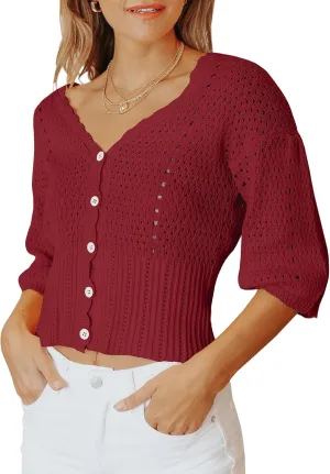 Womens 3/4 Sleeve Cropped Sweaters Button Knit Bolero Cardigan Lightweight Crochet Crop Short Sweater Shrug Cover Up