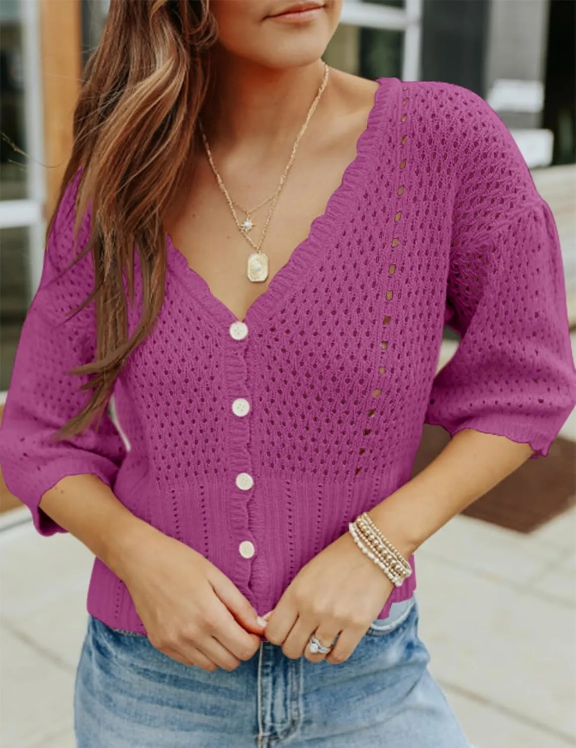 Womens 3/4 Sleeve Cropped Sweaters Button Knit Bolero Cardigan Lightweight Crochet Crop Short Sweater Shrug Cover Up