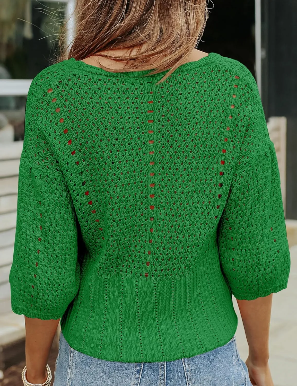 Womens 3/4 Sleeve Cropped Sweaters Button Knit Bolero Cardigan Lightweight Crochet Crop Short Sweater Shrug Cover Up