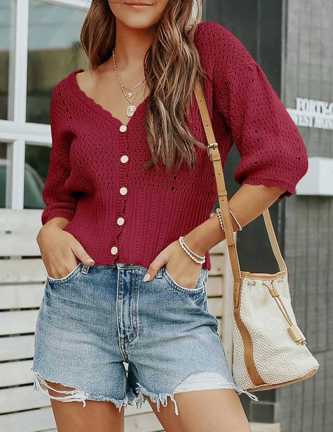 Womens 3/4 Sleeve Cropped Sweaters Button Knit Bolero Cardigan Lightweight Crochet Crop Short Sweater Shrug Cover Up