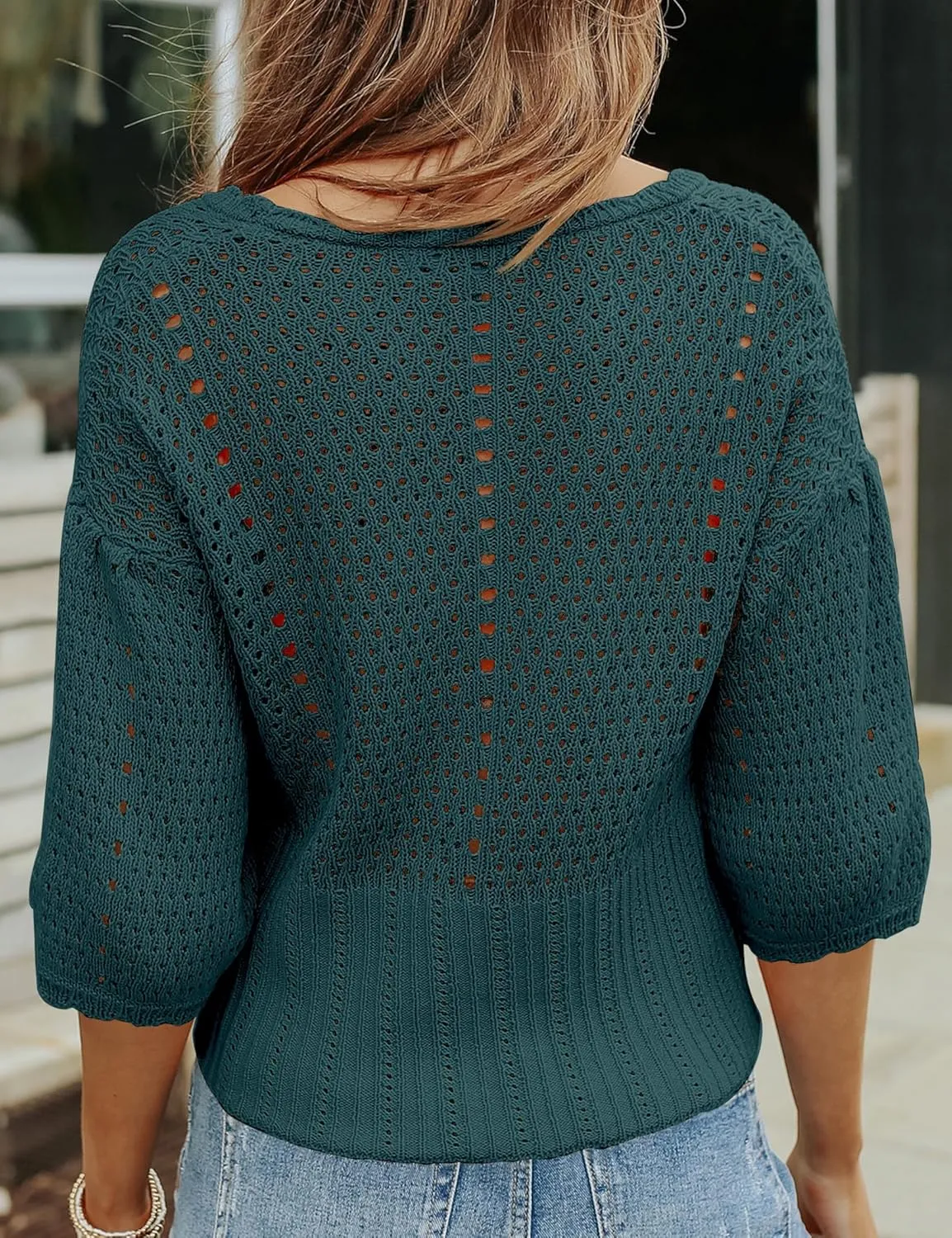 Womens 3/4 Sleeve Cropped Sweaters Button Knit Bolero Cardigan Lightweight Crochet Crop Short Sweater Shrug Cover Up
