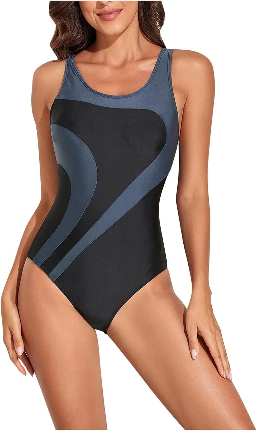 Women's Athletic Swimsuit One Piece Sleeveless Bathing Suit Fashion Colorblock Beach Board Swimwear for Surfing Swimming