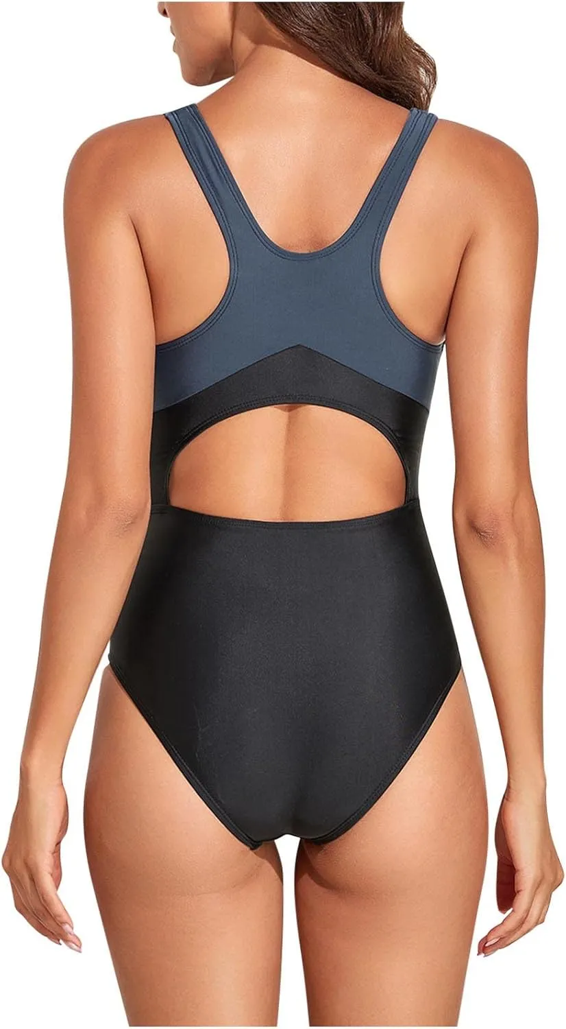 Women's Athletic Swimsuit One Piece Sleeveless Bathing Suit Fashion Colorblock Beach Board Swimwear for Surfing Swimming